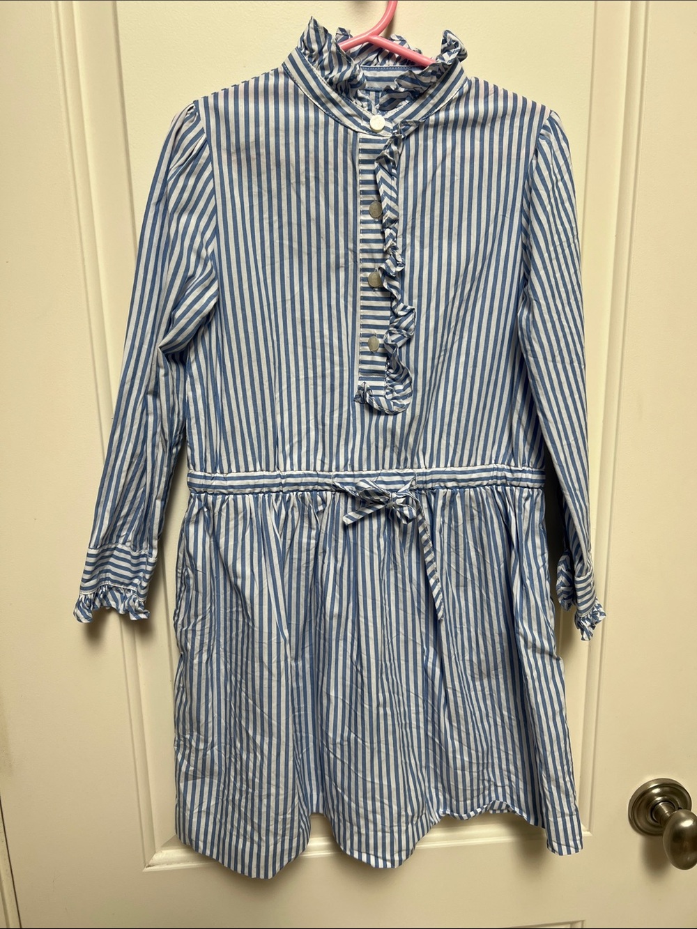 Classic Prep Blue and White Striped Ruffle Front Dress